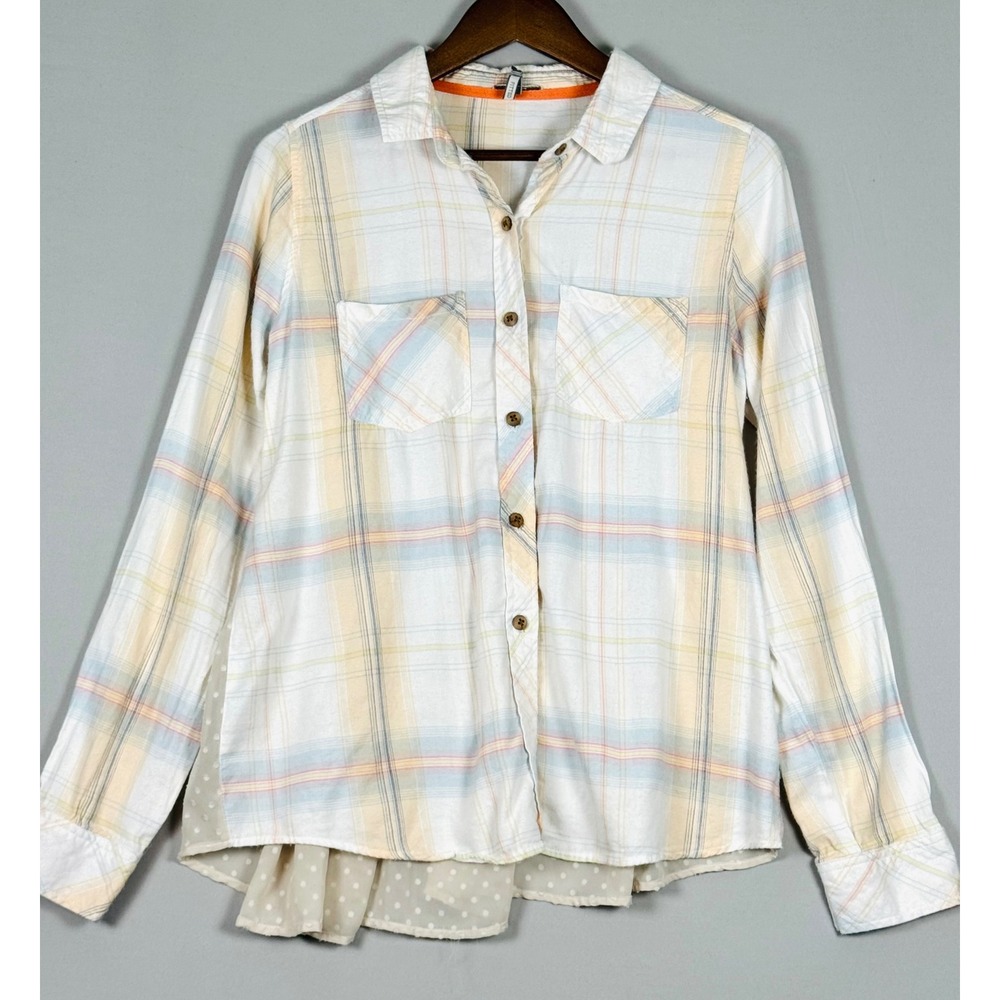 BKE Women Size Medium Pastel Plaid Button Down Shirt with Ruffle Swiss Dot Back